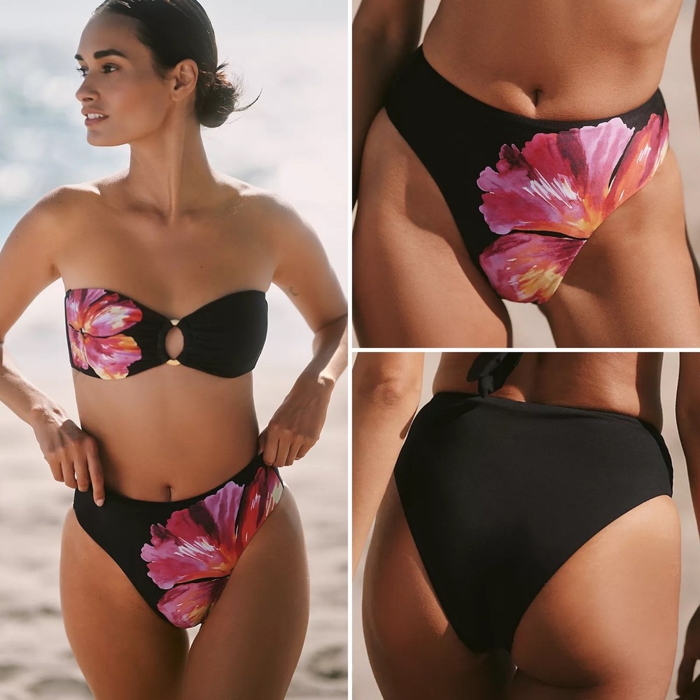 NWT Anthropologie L Space Bikini Bottom High Rise High Leg Sz S Black Floral $92
